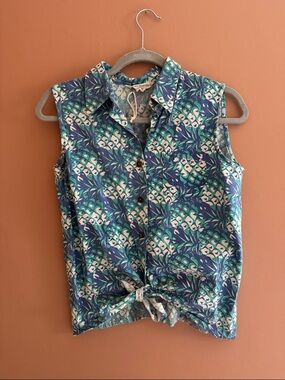 Mata Traders Blue and Teal Pineapple Print Sleeveless Tie Top - 100% cotton